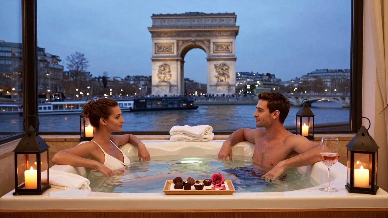 Un couple détendu dans un jacuzzi privé avec vue sur la Seine, accompagné de chocolat artisanal et d’un verre de vin rosé.