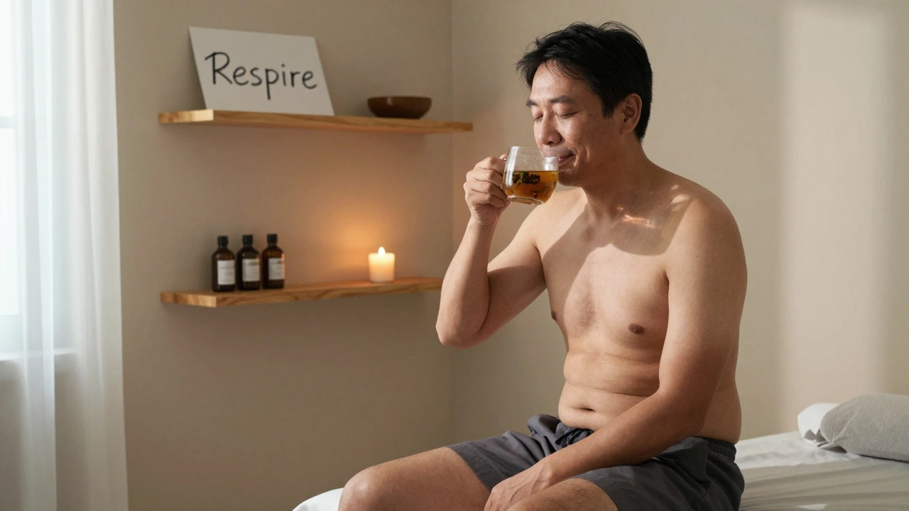 Un homme détendu après un massage, sirotant une tisane dans un petit studio discret, les yeux fermés, un sourire paisible aux lèvres.
