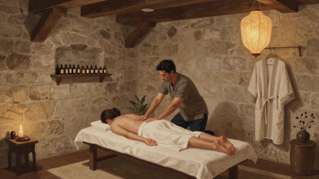 Un masseur effectue un massage thaï sur un client allongé, dans une pièce chaleureuse et intime d'un appartement parisien.