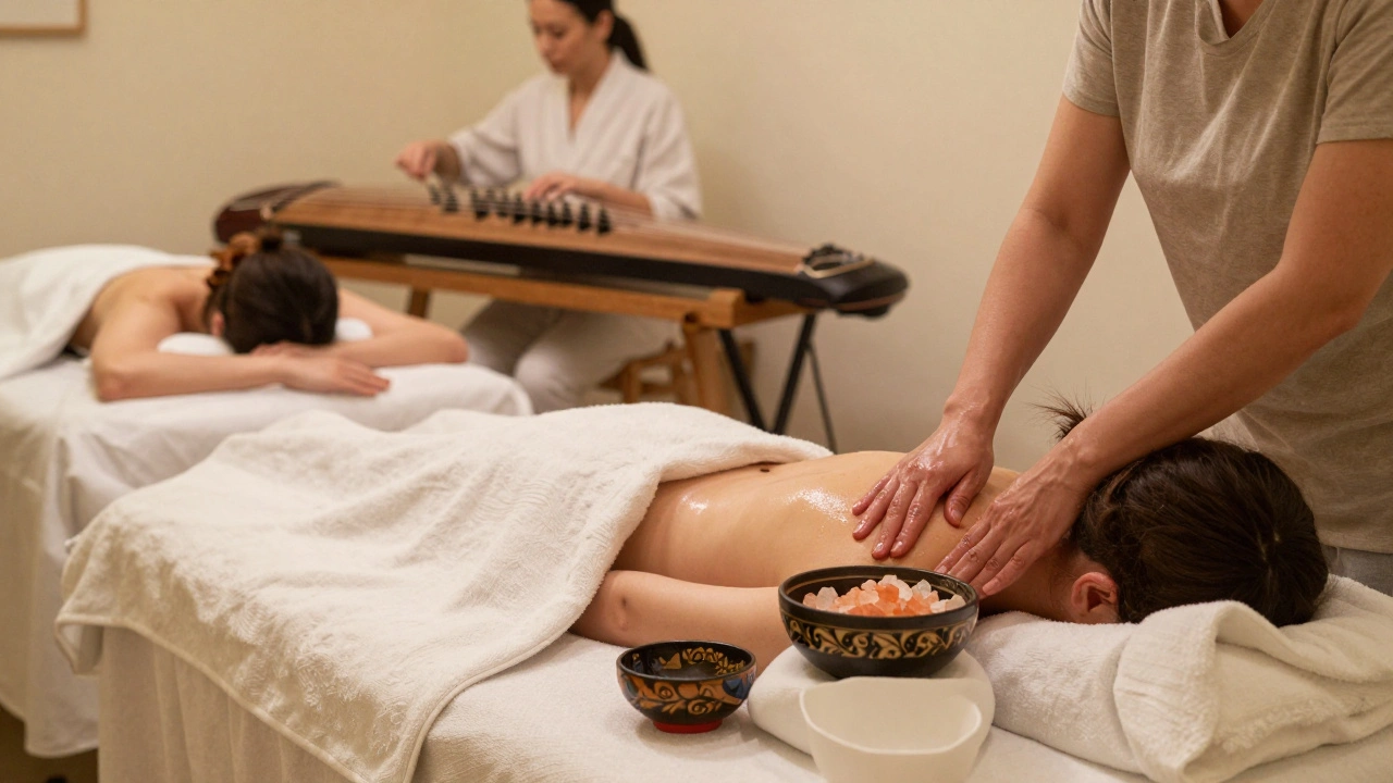 Un petit spa familial à Paris avec des couvertures en laine, du sel de l'Himalaya et une musique de koto en fond sonore.