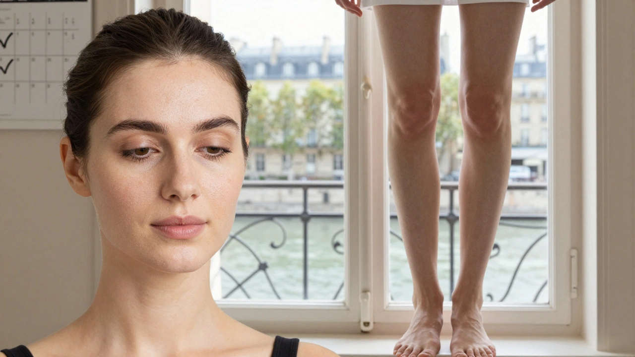 Une femme aux traits apaisés et aux jambes légères, après un drainage lymphatique, regardant la Seine depuis sa fenêtre.