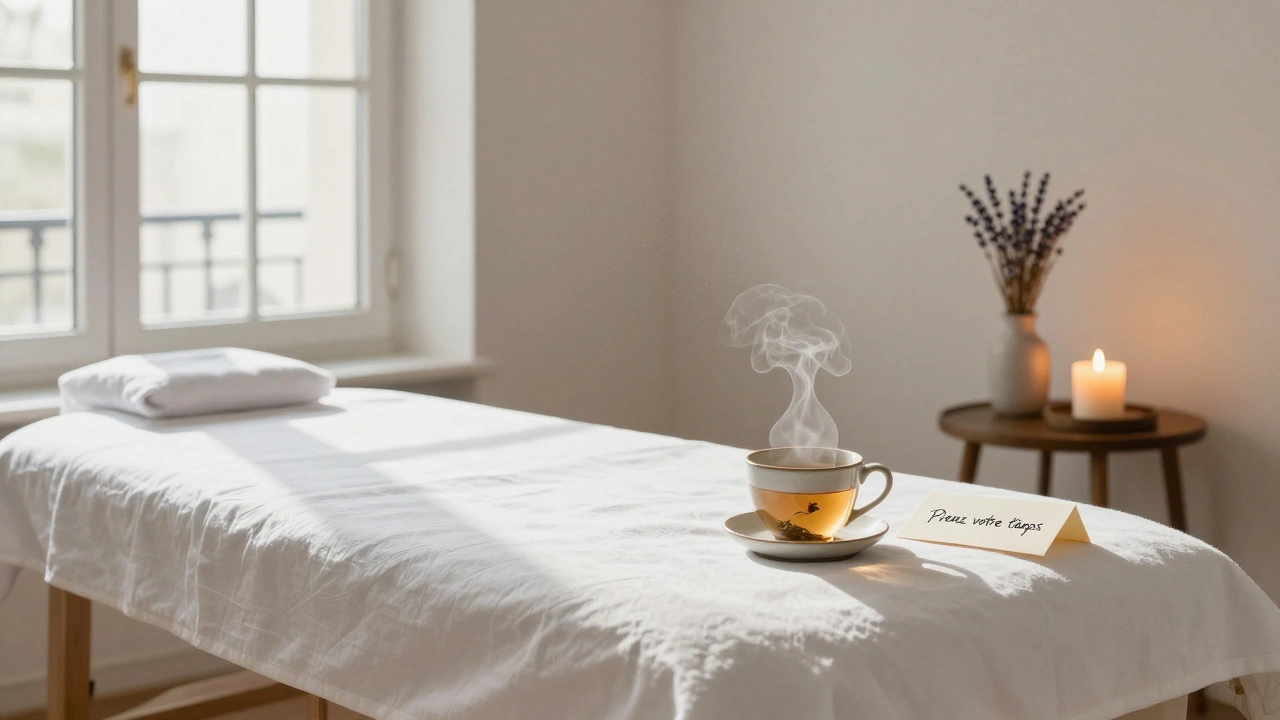Une salle de massage prête à accueillir un client : linge frais, bougie allumée, thé fumant et lavande séchée dans une lumière douce.
