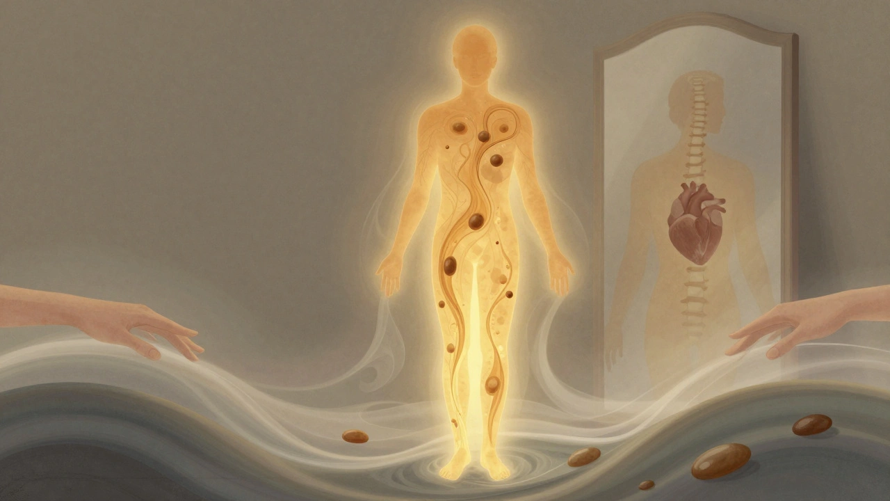 Une silhouette humaine éclairée de l'intérieur, parcourue par des vagues de chaleur et de toucher, symbolisant la réconnection corporelle.