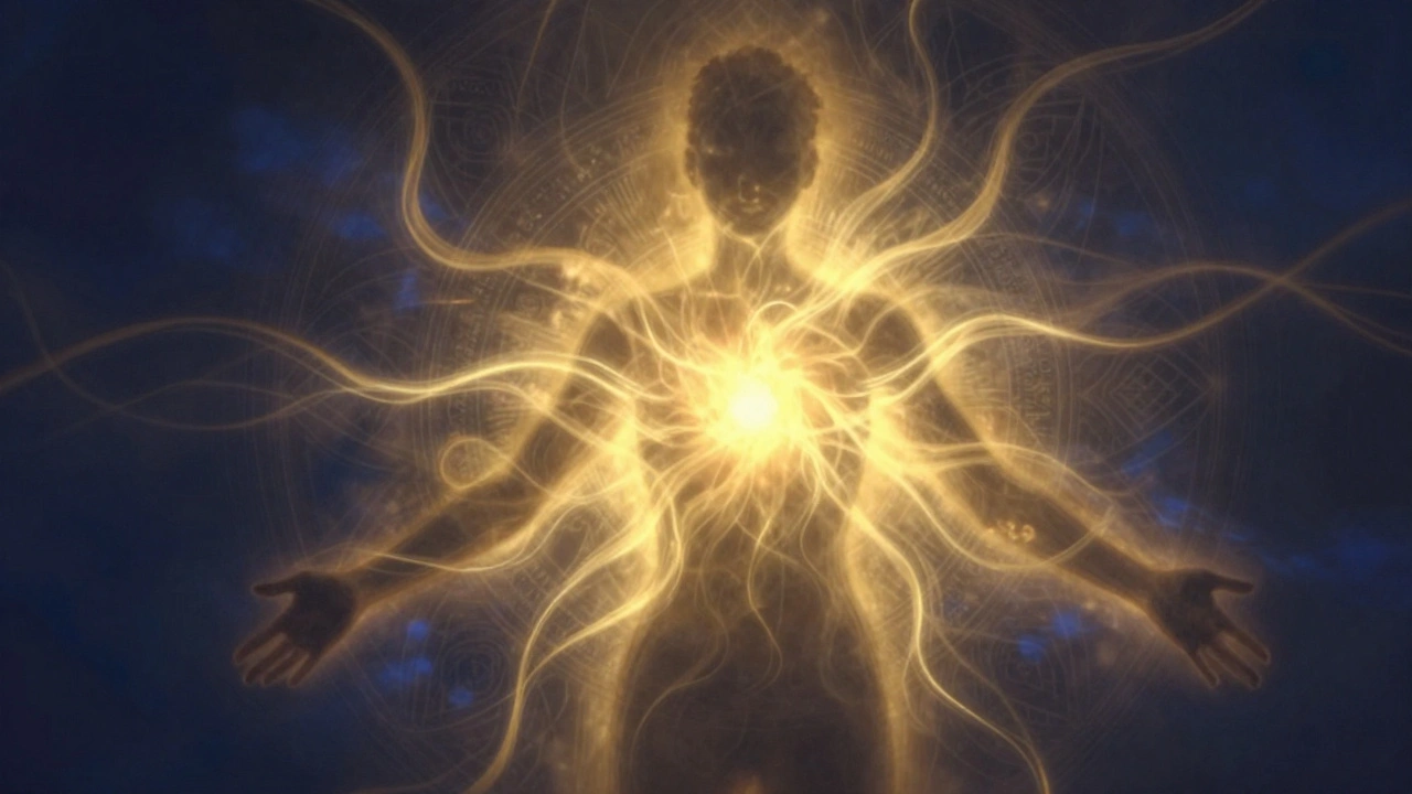 Une silhouette humaine rayonnant de lumière dorée, les ombres intérieures qui s'évanouissent, style abstrait et éthéré.